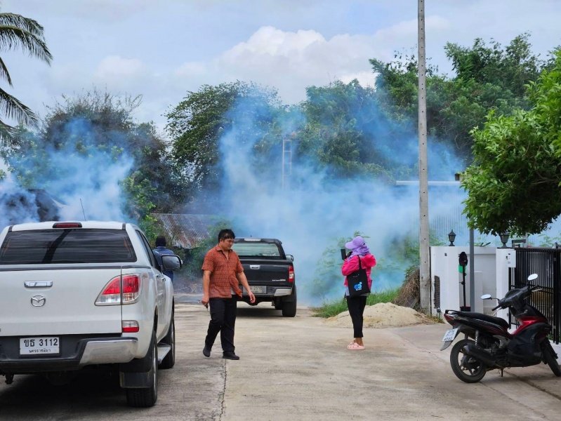กองสาธารณสุขและสิ่งแวดล้อม เทศบาลตำบลปักธงชัย ออกพ่นหมอกควัน เพื่อกำจัดยุงลายพาหะนำโรคไข้เลือดออกให้กับประชาชนในพื้นที่