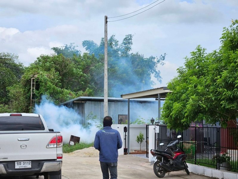 กองสาธารณสุขและสิ่งแวดล้อม เทศบาลตำบลปักธงชัย ออกพ่นหมอกควัน เพื่อกำจัดยุงลายพาหะนำโรคไข้เลือดออกให้กับประชาชนในพื้นที่